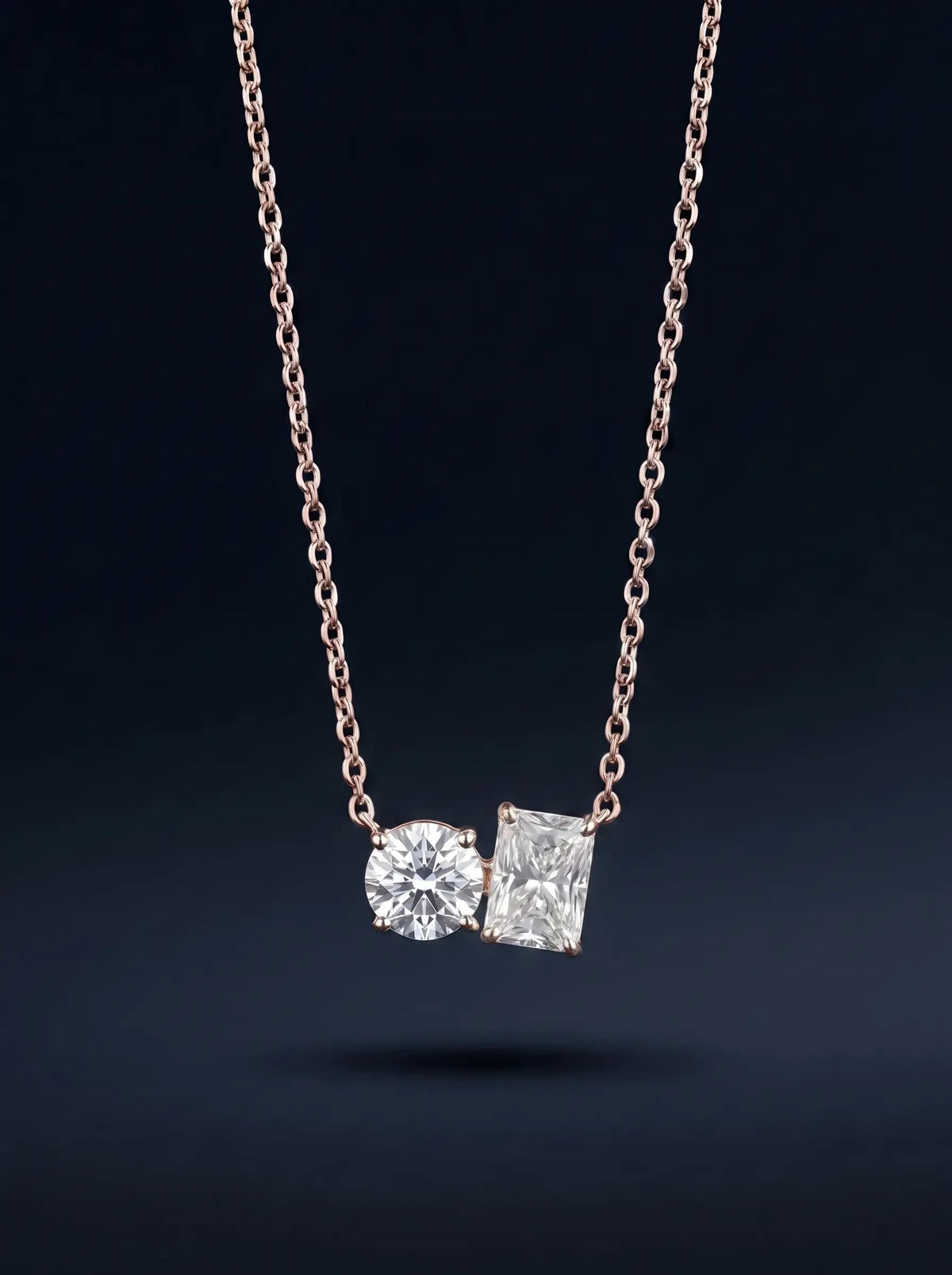 Diamond Necklace - Two Diamonds - Round & Radiant, Rose Gold