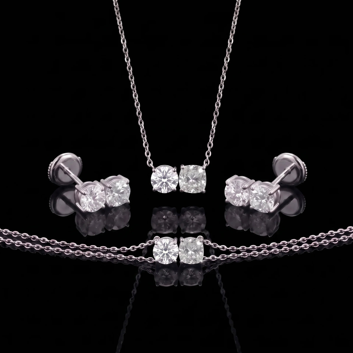 Diamond Set - Two Diamonds - Round & Cushion, White Gold