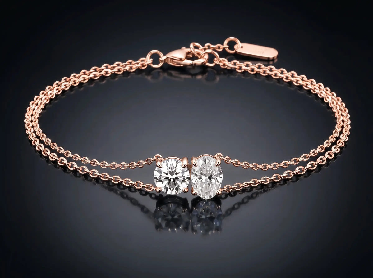 Diamond Bracelet - Two Diamonds - Round & Oval, Rose Gold
