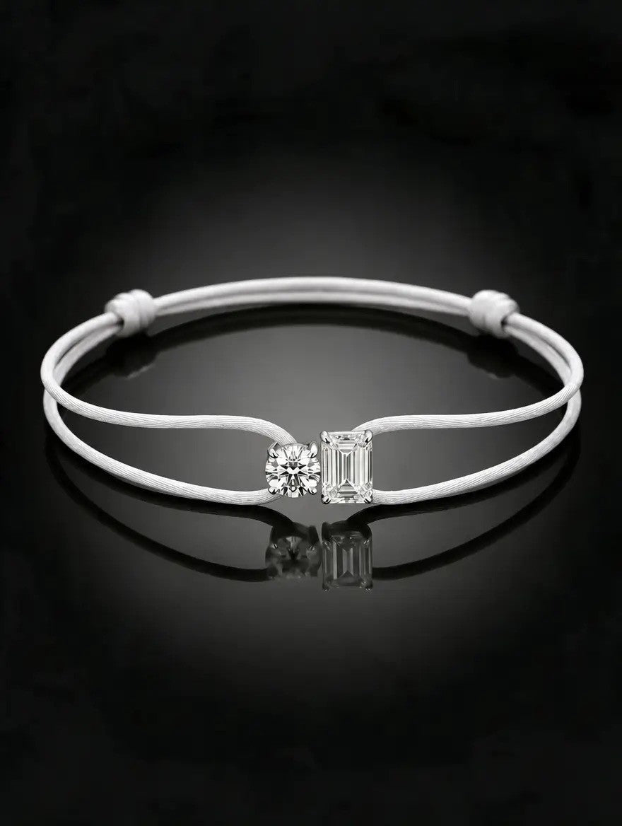Diamond Satin Bracelet - Two Diamonds - Round & Emerald, White