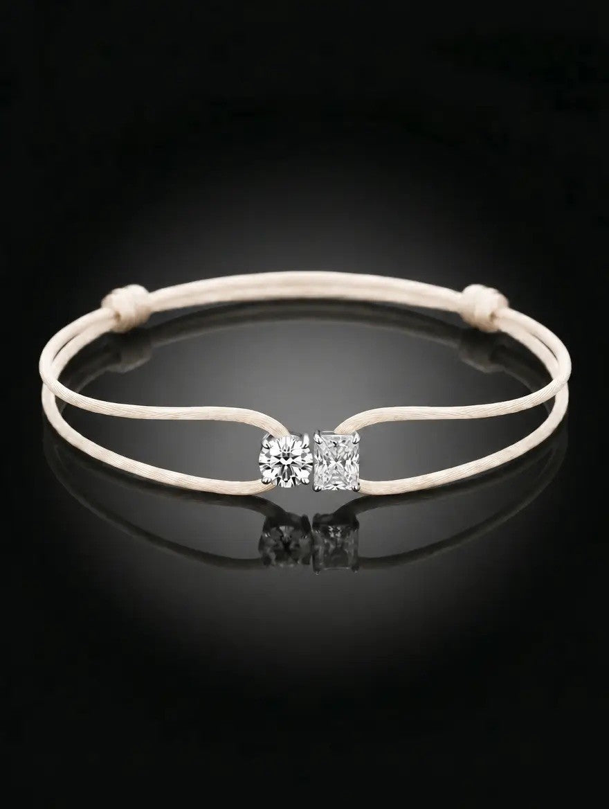 Diamond Satin Bracelet - Two Diamonds - Round & Radiant, Ivory