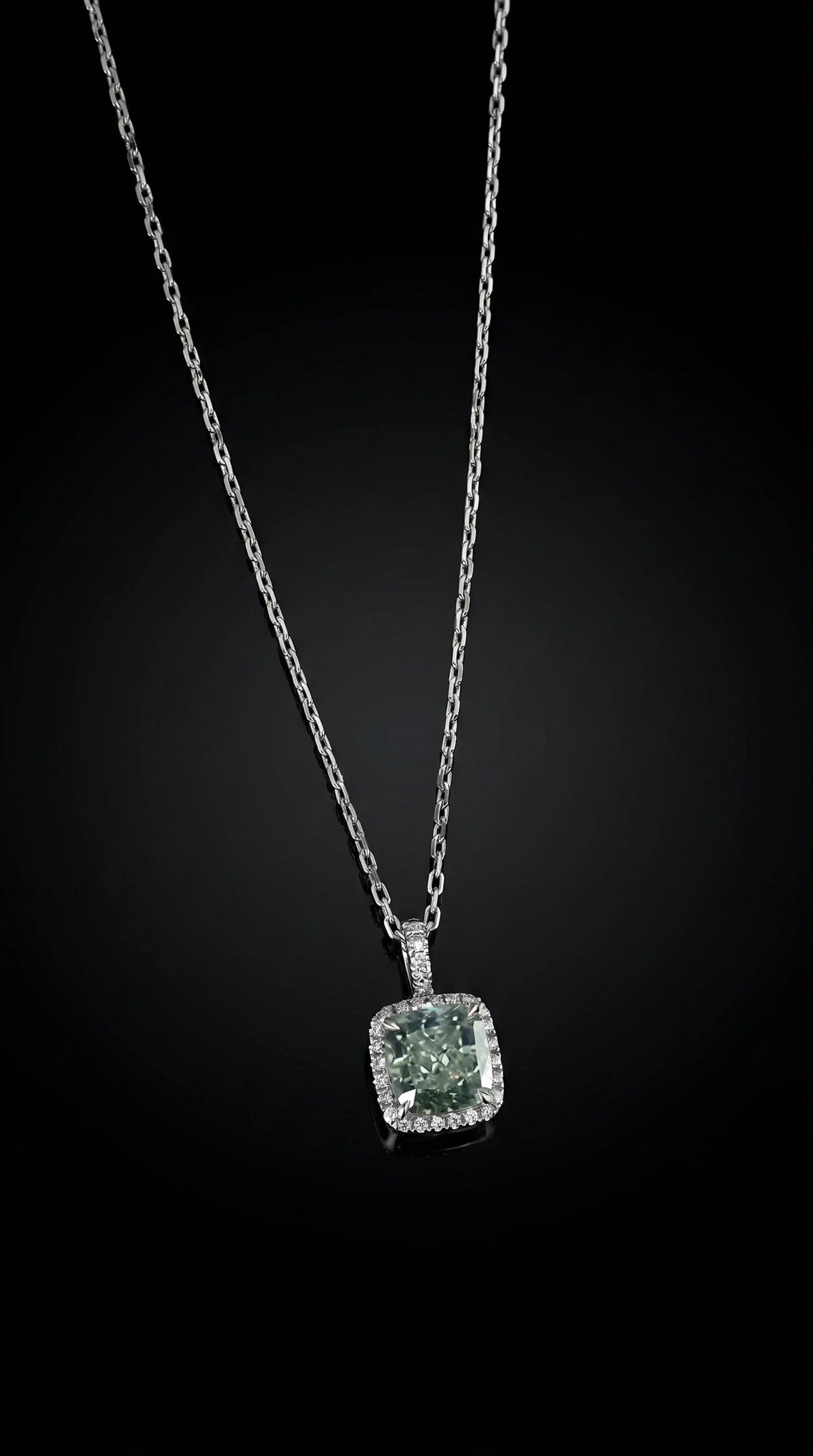 Green Diamond Cushion Necklace with Halo - 2