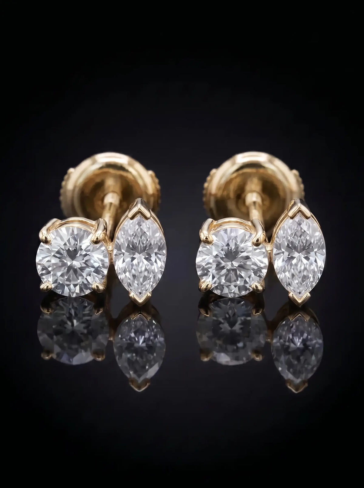 Diamond Studs - Two Diamonds - Round & Marquise, Yellow Gold