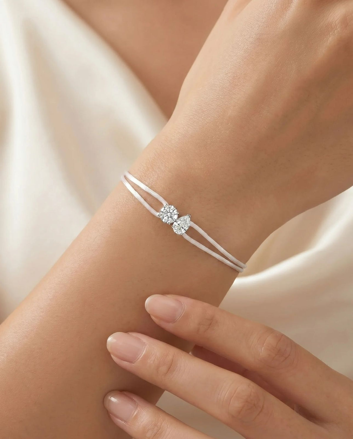 Diamond Satin Bracelet - Two Diamonds - Round & Pear, White