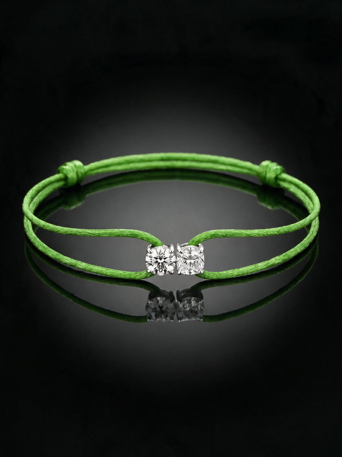 Diamond Satin Bracelet - Two Diamonds - Round & Cushion, Green