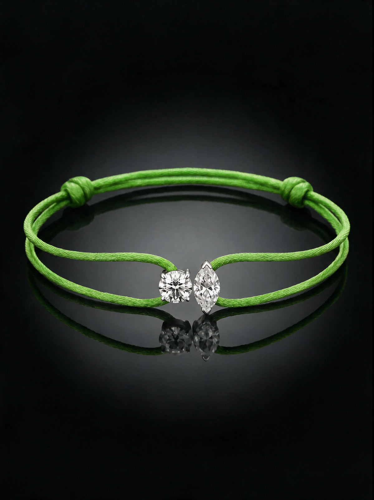 Diamond Satin Bracelet - Two Diamonds - Round & Marquise, Green