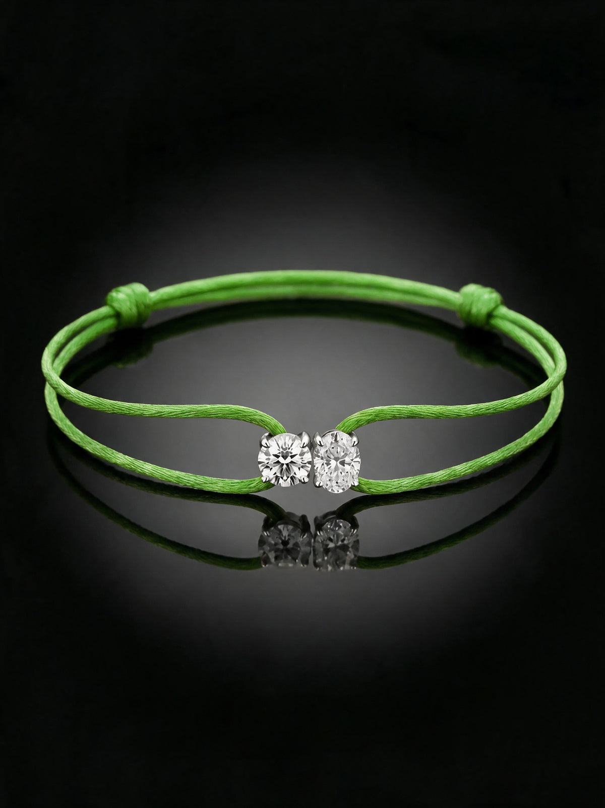 Diamond Satin Bracelet - Two Diamonds - Round & Oval, Green