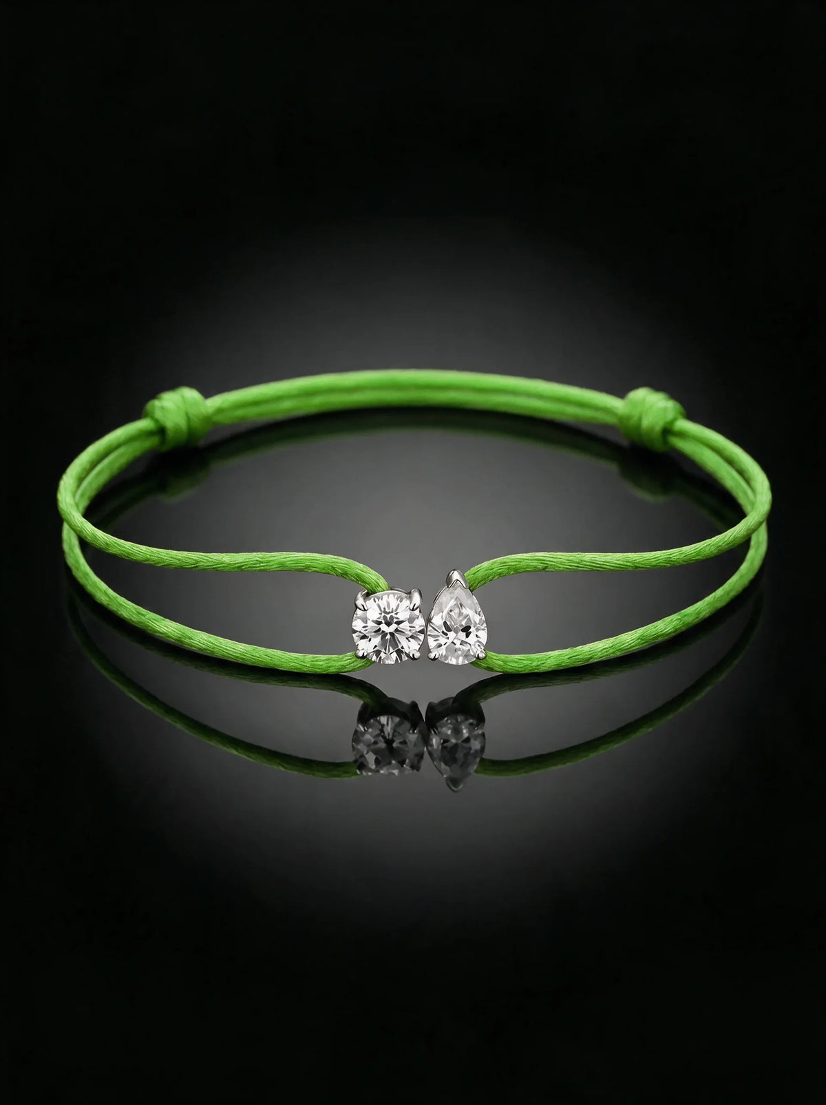 Diamond Satin Bracelet - Two Diamonds - Round & Pear, Green