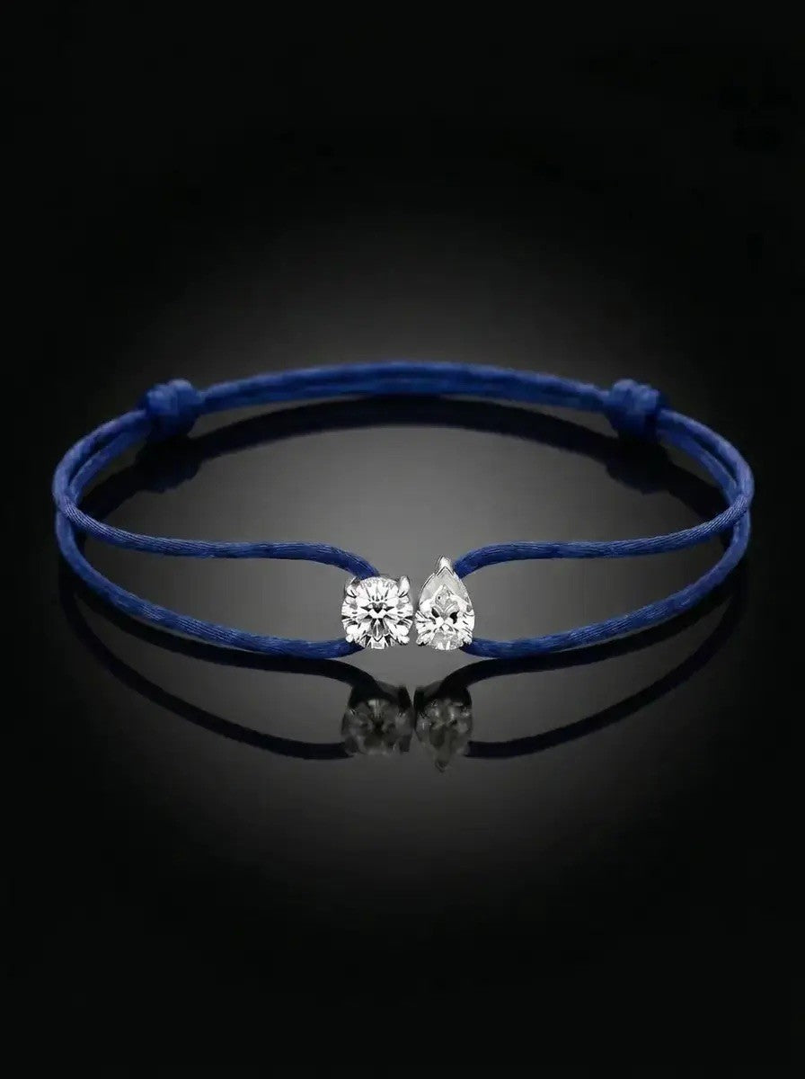 Diamond Satin Bracelet - Two Diamonds - Round & Pear, Dark Blue