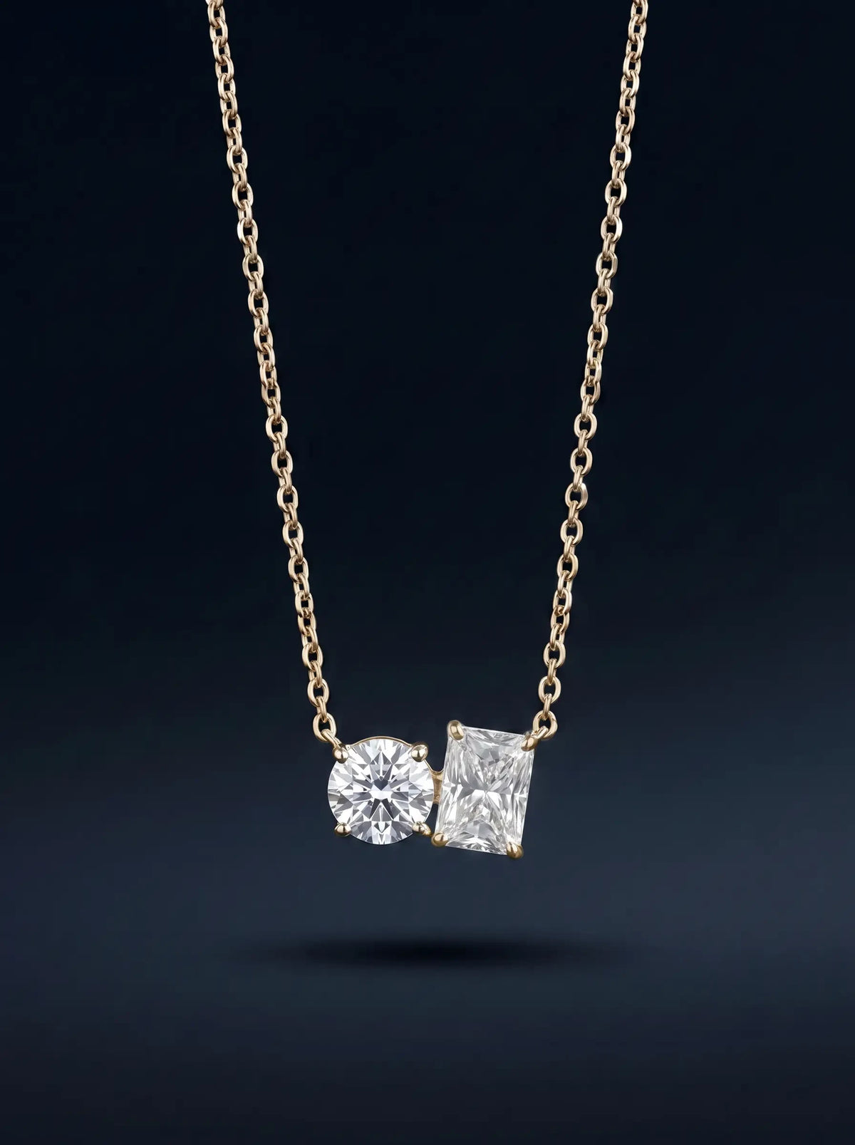 Diamond Necklace - Two Diamonds - Round & Radiant, Yellow Gold