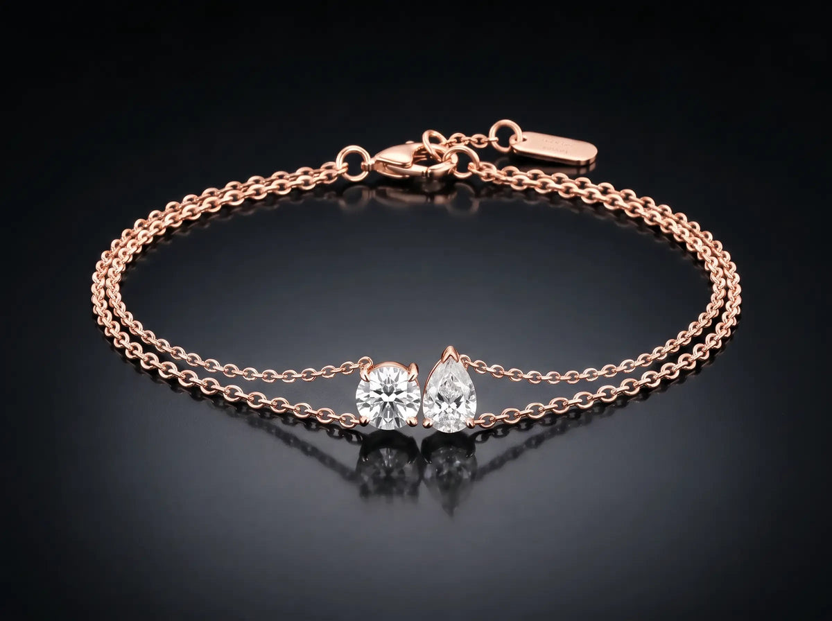 Diamond Bracelet - Two Diamonds - Round & Pear, Rose Gold