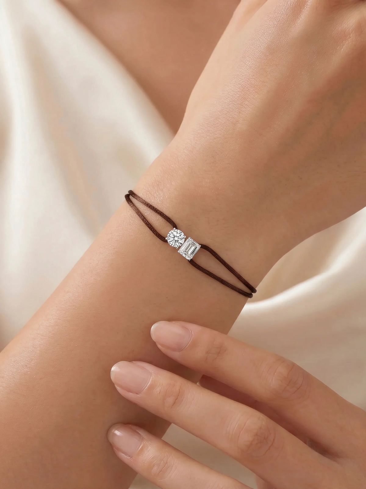 Diamond Satin Bracelet - Two Diamonds - Round & Emerald, Brown