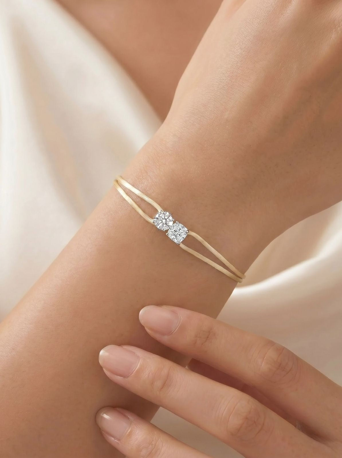 Diamond Satin Bracelet - Two Diamonds - Round & Cushion, Ivory