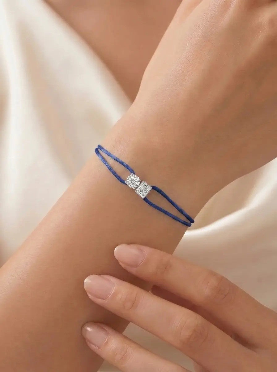Diamond Satin Bracelet - Two Diamonds - Round & Radiant, Dark Blue