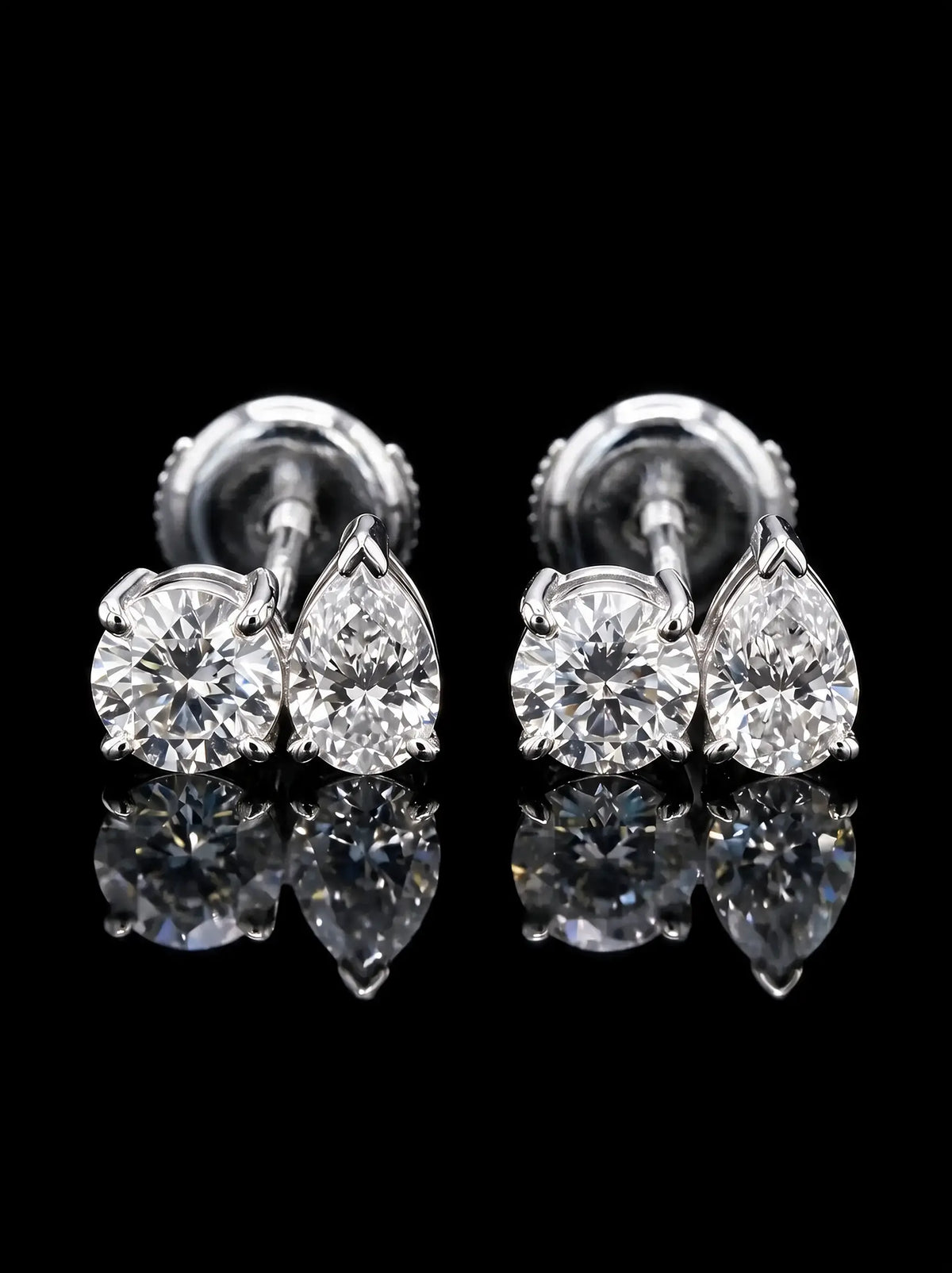 Diamond Studs - Two Diamonds - Round & Pear, White Gold
