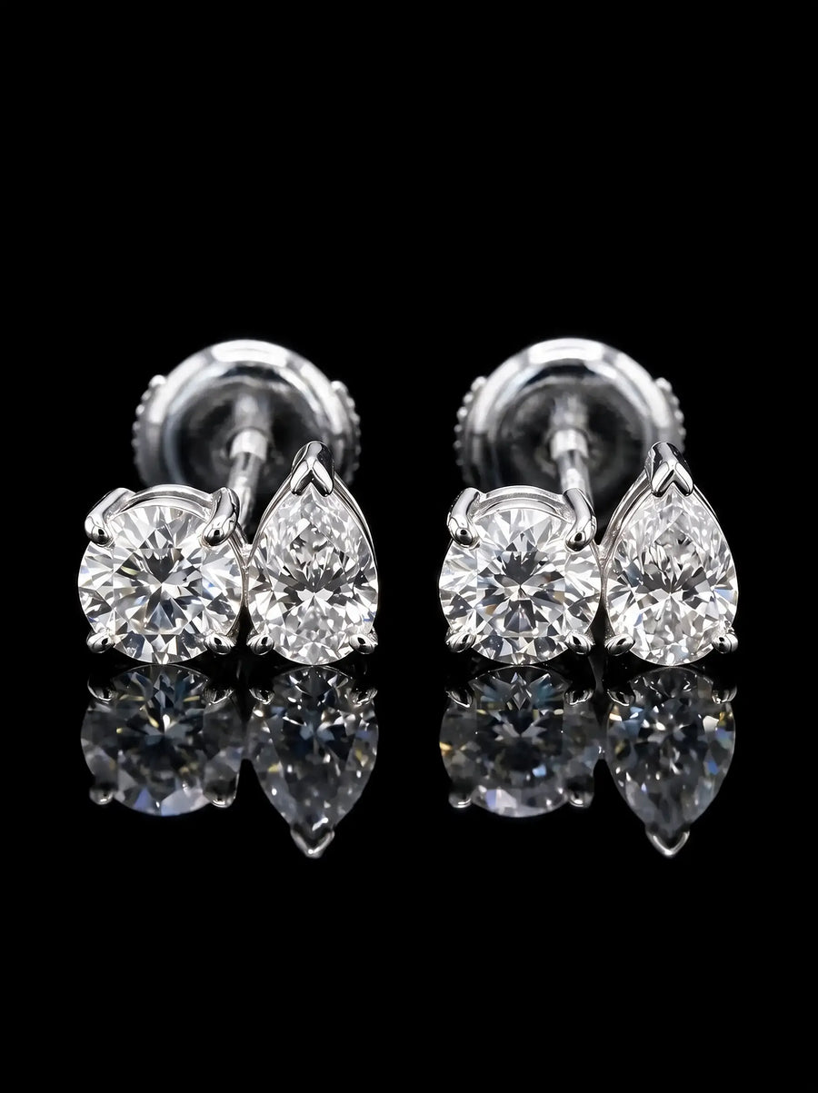Diamond Studs - Two Diamonds - Round & Pear, White Gold