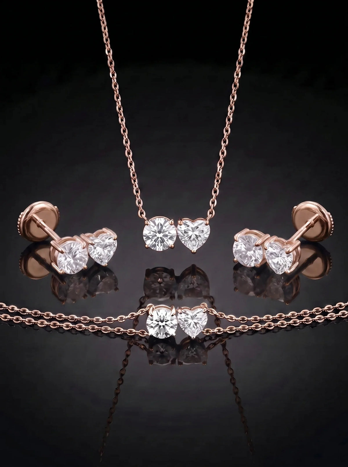 Diamond Set - Two Diamonds - Round & Heart, Rose Gold