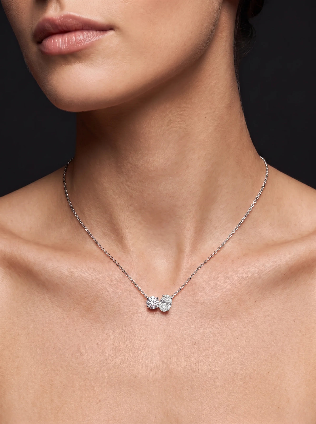 Diamond Necklace - Two Diamonds - Round & Oval - 4