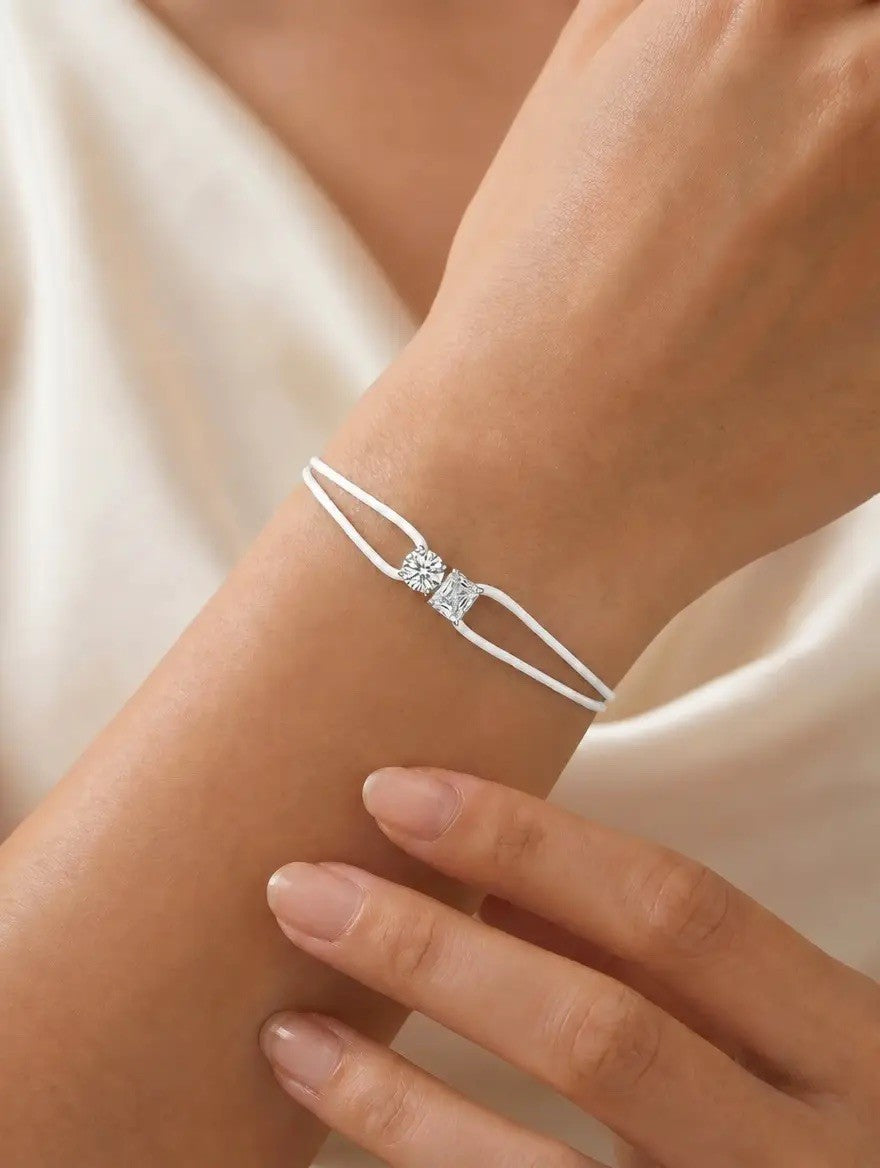 Diamond Satin Bracelet - Two Diamonds - Round & Radiant, White