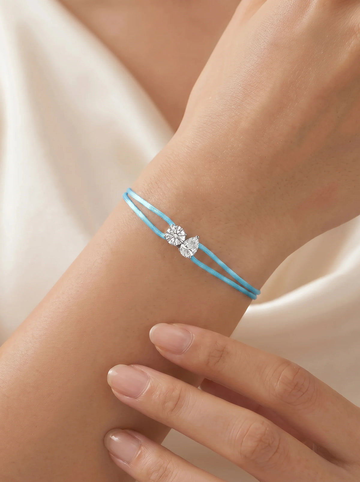 Diamond Satin Bracelet - Two Diamonds - Round & Pear, Blue