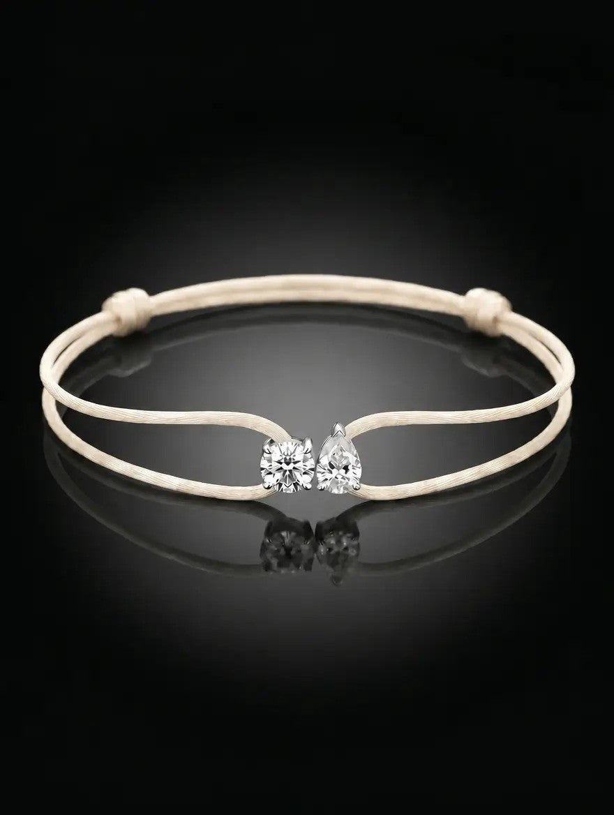 Diamond Satin Bracelet - Two Diamonds - Round & Pear, Ivory