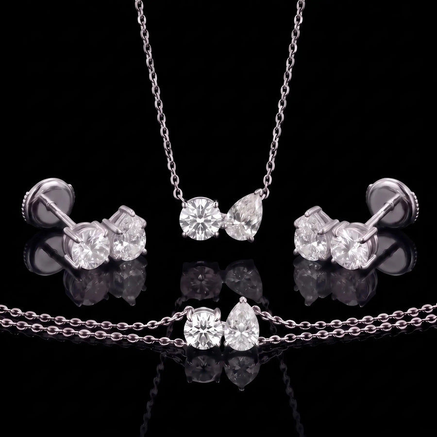 Diamond Set - Two Diamonds - Round & Pear, White Gold