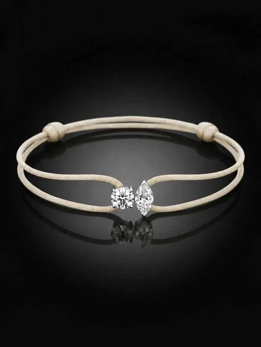 Diamond Satin Bracelet - Two Diamonds - Round & Marquise, Ivory